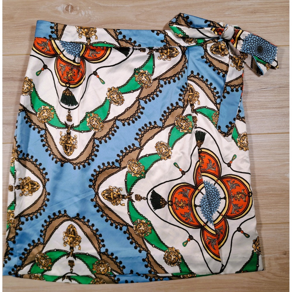 Tommy Hilfiger Blue‎ Multi Baroque Chain Print Wrap Skirt Side Tie Size 4